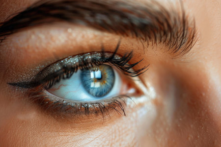Captivating close-up of a womans striking blue eye with beautifully long lashes, mesmerizing and inviting.の素材
