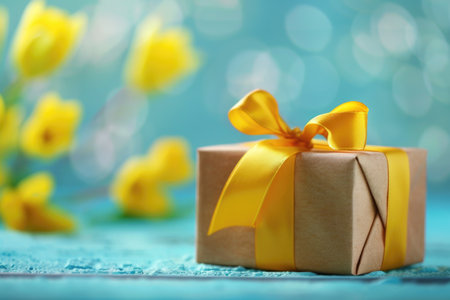 A small brown gift box with a vibrant yellow bow sits elegantly on a serene blue surface, ready to bring joy and delight.の素材