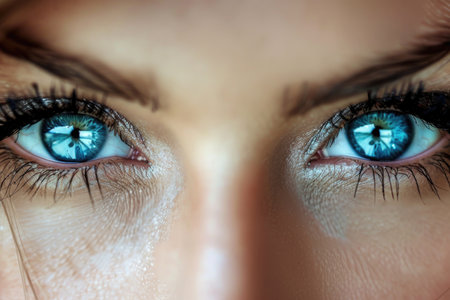 A captivating close-up of a womans vivid blue eyes, revealing depth and emotion.の素材