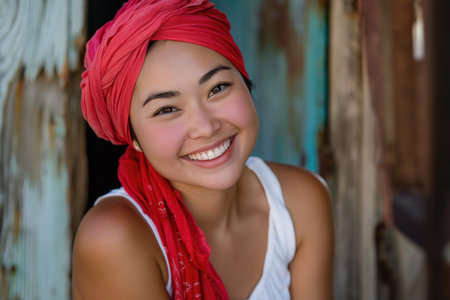 A vibrant woman with a warm smile wearing a red turban gazes at the camera.の素材