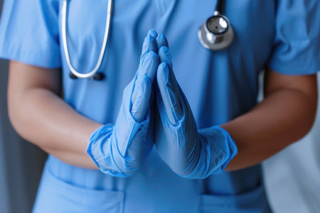 A person in scrubs and a stethoscope standing in front of a standard scale, examining it closely with their hand.の素材