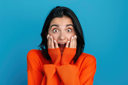 A young woman, dressed in an orange sweater, displays a surprised expression, adding fun to the portrait.の素材
