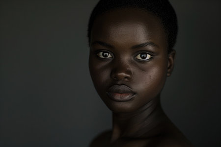 A young African woman with dark skin and captivating blue eyes gazes soulfully, presenting a striking contrast.の素材