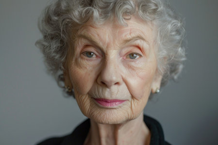 A dignified portrait of an older woman with gray hair, wearing a black shirt.の素材