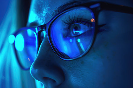 A close-up view of a womans face with glasses, showing intricate details of the frames and reflection on the lenses.の素材