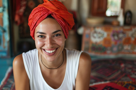 A radiant woman exudes warmth and joy as she smiles brightly while wearing a vibrant red turban on her head.の素材