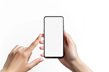 Two hands are gently holding a cell phone with a blank white screen.の素材