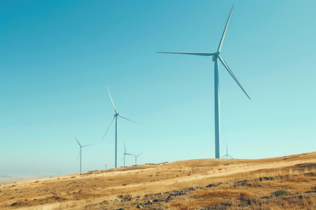 A group of wind turbines stand tall on a hill, harnessing the power of the wind to generate sustainable energy.の素材