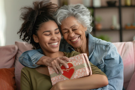 A heartwarming moment as an older woman wraps her arms around a younger woman on a cozy couch.の素材