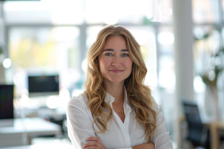 A confident woman with long wavy blonde hair standing in a modern office with her arms crossed.の素材