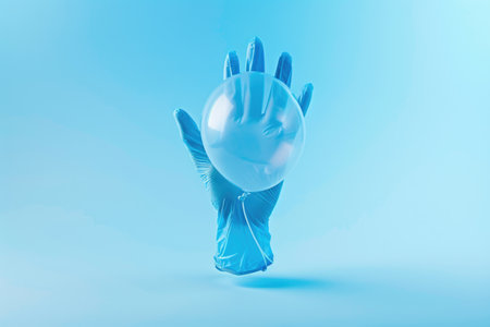 A striking blue hand delicately cradles a pristine white ball against a serene blue backdrop.の素材