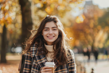 A young woman with long brown hair smiles as she holds a cup of coffee in a lush park setting, surrounded by natures tranquility.の素材