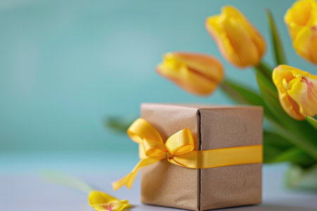 A small brown box tied with a bright yellow bow, adorned with beautiful yellow flowers.の素材