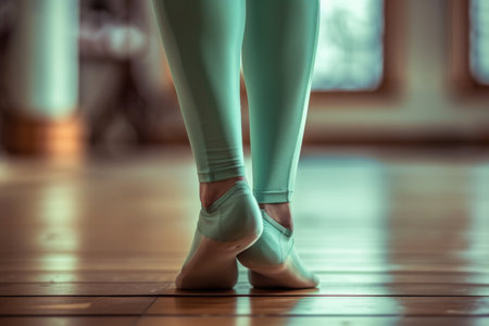 Close-up of a persons feet elegantly adorned with vibrant green tights, exuding a sense of adventure and style.の素材