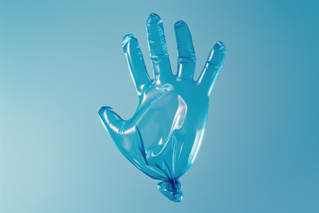 A solitary blue plastic hand suspended in mid-air, exuding a sense of floating grace and mystery.の素材