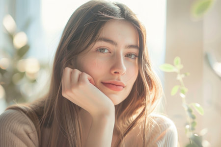 A young woman sits with her hand on her chin, gazing thoughtfully out of a window.の素材