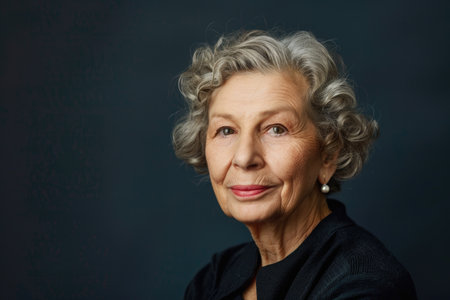 An older woman exudes timeless elegance in a black jacket, her gray hair framing her face with dignity and poise.の素材