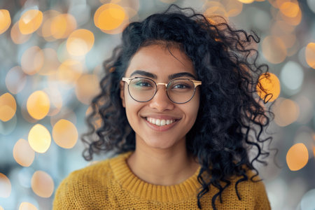 A young woman with glasses showcases a warm smile, exuding positive energy and confidence.の素材
