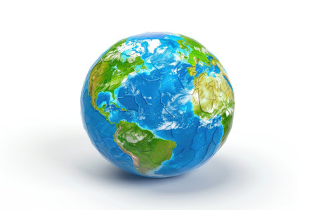 A serene and striking globe in shades of blue and green against a white backdrop, representing Earth in a modern and artistic style.の素材