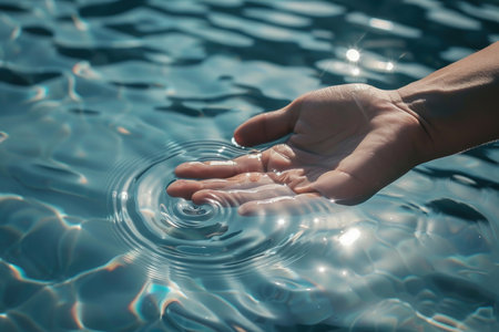 A serene scene of a human hand gently extending into a pool of water.の素材