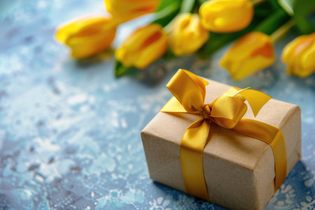 A small brown gift box tied with a yellow ribbon beside a vibrant bouquet of tulips.の素材