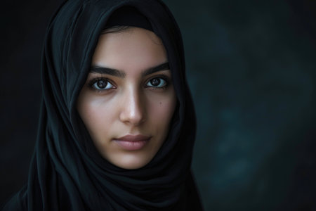 A captivating portrait of a woman exuding grace and mystery while wearing a black head scarf.の素材