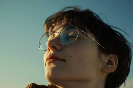 A woman with glasses looking up into the sky, reflecting on the beauty above her.の素材