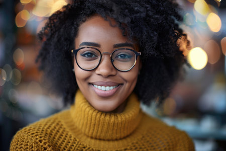 A young woman with glasses exudes joy as she smiles warmly at the camera.の素材