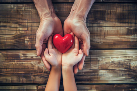 Two people hold a red heart together, expressing love and unity.の素材