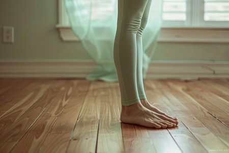 A person stands on a wooden floor, gazing out a window into the fading light of evening.の素材