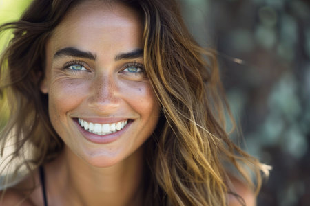 A woman with striking blue eyes smiles brightly into the camera.の素材
