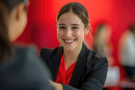 A professional woman with her hair neatly pulled back sits at a table, exuding a warm smile of contentment.の素材