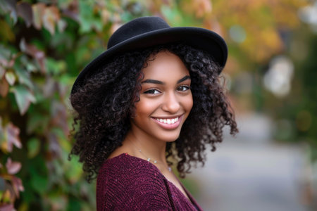 A vibrant outdoor portrait of a smiling young woman in a fashionable hat, radiating joy and confidence.の素材