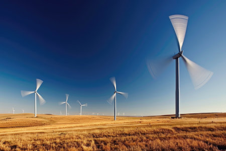 Multiple colorful windmills standing tall in a lush green field under a clear blue sky, harnessing the power of wind for sustainability.の素材