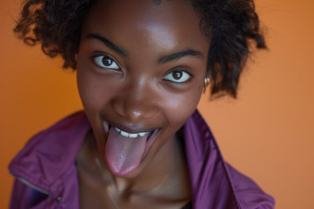 Close-up of a young woman making a funny expression by sticking her tongue out playfully.の素材
