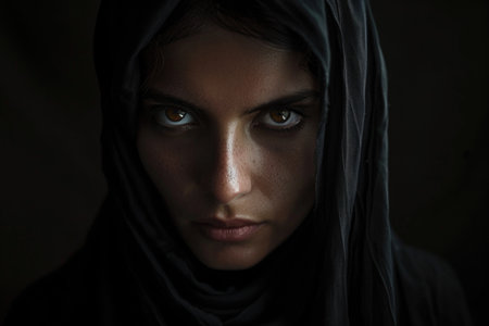 A mysterious woman with striking blue eyes wears a black veil, exuding an aura of mystique and allure.の素材