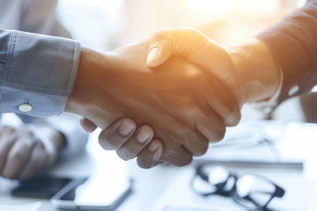 A close up of two individuals engaging in a handshake, symbolizing mutual respect, agreement, and partnership.の素材
