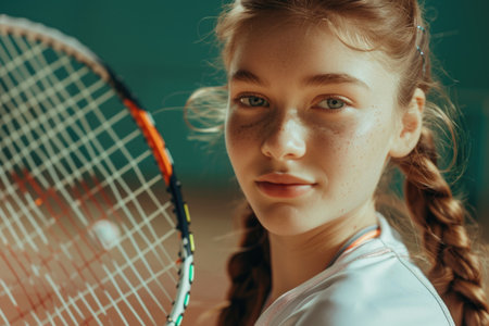 A young girl, filled with excitement, holds a tennis racket in her hands as she prepares to play.の素材