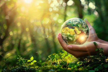 A serene vision of hands cradling a vibrant green globe, symbolizing hope and care for our planet.の素材