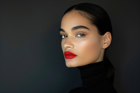 A woman exudes confidence in a black turtleneck, her lips adorned with striking red lipstick.の素材