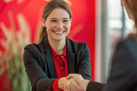 A professional woman in a red shirt confidently shakes hands with another woman. Both exude confidence and professionalism.の素材