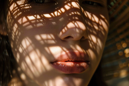 A womans face, partially obscured by the shadow of a tree, radiates a serene beauty captured in close-up.の素材