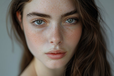 A close-up of a young woman with freckles on her face, showing her unique and natural features.の素材