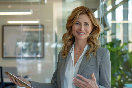Professional woman standing in an office, confidently holding a tablet while reviewing data.の素材