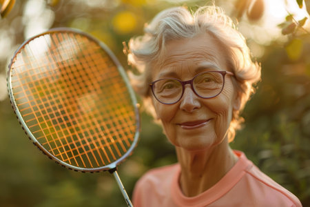 A graceful older woman, with smiling eyes and glasses, holds a tennis racket in her hands.の素材