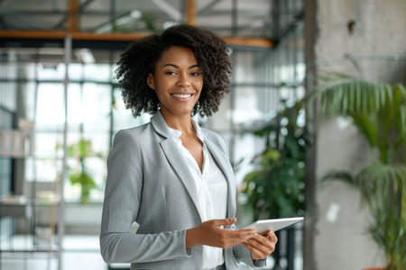 A professional woman in a business suit confidently holds a tablet in a modern office setting.の素材