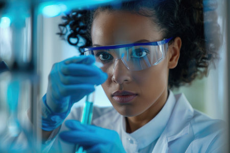 A woman in a lab coat and goggles examines the standard scale intently, immersed in her scientific exploration.の素材