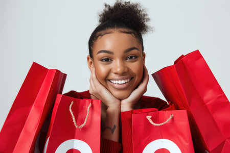 A woman with a beaming smile surrounded by numerous shopping bags, showing her enjoyment of retail therapy.の素材