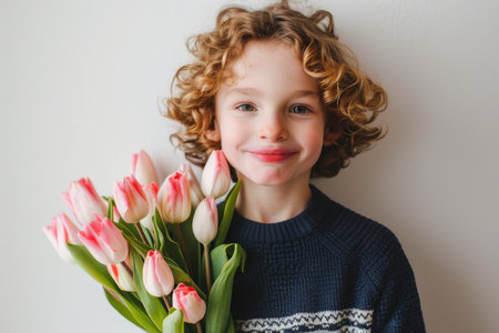 A young girl joyfully holds a bunch of vibrant pink tulips in her arms.の素材