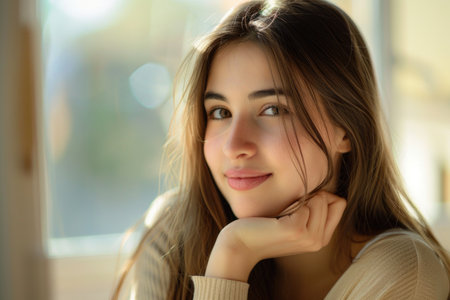 A young woman with long hair strikes a serene pose, exuding grace and elegance.の素材